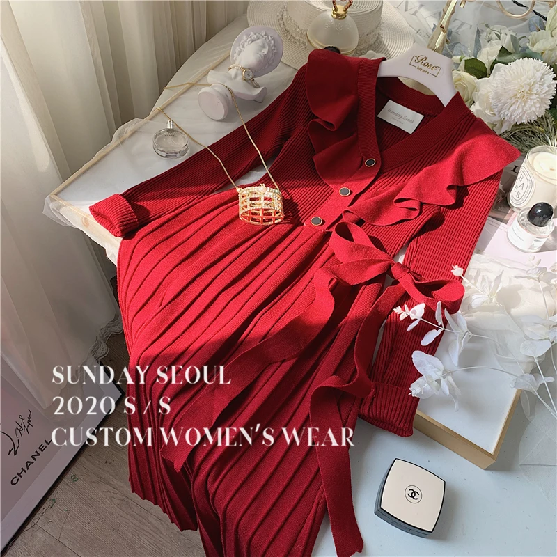 New romantic with falbala collar small waist lace knitting dress 
New romantic with falbala collar small waist lace knitting dress