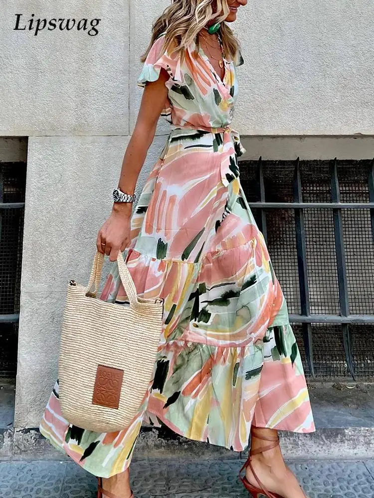 2022 Summer Women Elegant Printed Dresses Short Sleeve High Waist Long Dress Temperament Elegant Cross V Neck Ladies Party Dress
2022 Summer Women Elegant Printed Dresses Short Sleeve High Waist Long Dress Temperament Elegant Cross V Neck Ladies Party Dress