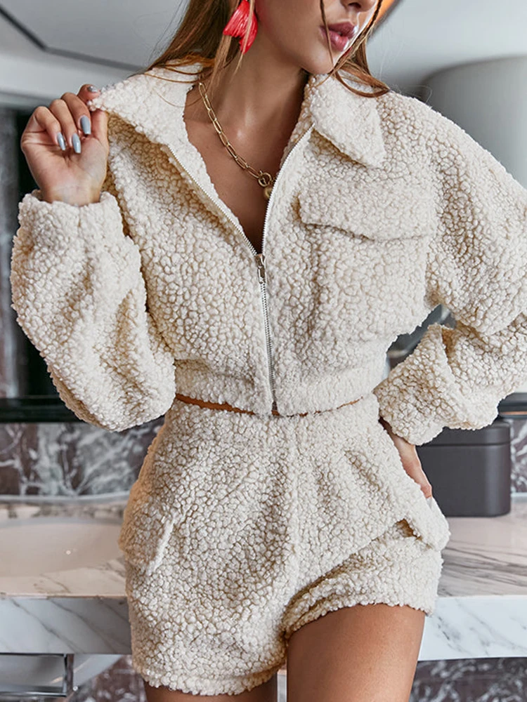 Autumn Winter Two Piece Sets Women Solid Outifits Fleece Coat Crop Top & Short Bottom Fashion Zipper Pocket Elastic Waist Sets
Autumn Winter Two Piece Sets Women Solid Outifits Fleece Coat Crop Top & Short Bottom Fashion Zipper Pocket Elastic Waist Sets