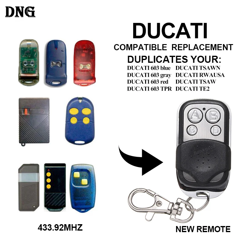 DUCATI 433.92MHz fixed code remote control copy garage door opener clone DUCATI hand transmitter replacement
DUCATI 433.92MHz fixed code remote control copy garage door opener clone DUCATI hand transmitter replacement