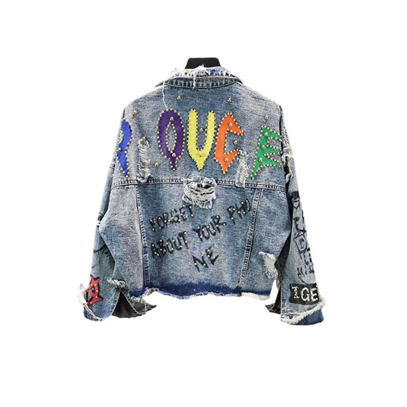 Streetwear Letter Rivet Diamonds Denim Jacket Women Holes Cowboy Outerwear Korean Loose Short Frayed Pocket Jeans Jacket Female
Streetwear Letter Rivet Diamonds Denim Jacket Women Holes Cowboy Outerwear Korean Loose Short Frayed Pocket Jeans Jacket Female