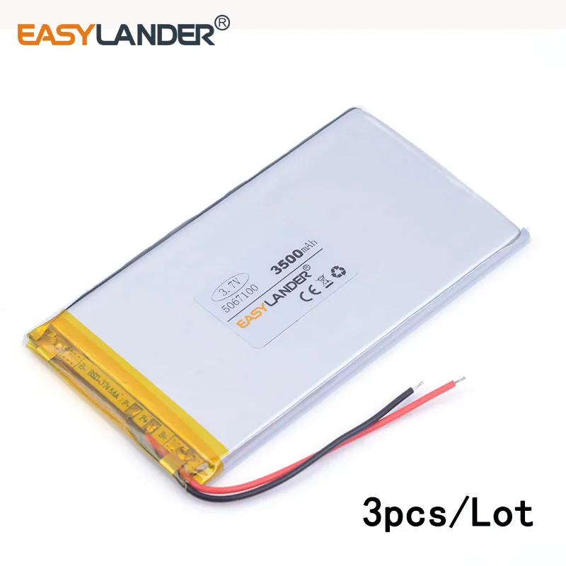 3pcs/Lot 3.7V 5067100 3500mAH lithium Li ion polymer rechargeable battery for tablet pc 7 inch 8 inch 9inch DIY Power mobile
3pcs/Lot 3.7V 5067100 3500mAH lithium Li ion polymer rechargeable battery for tablet pc 7 inch 8 inch 9inch DIY Power mobile