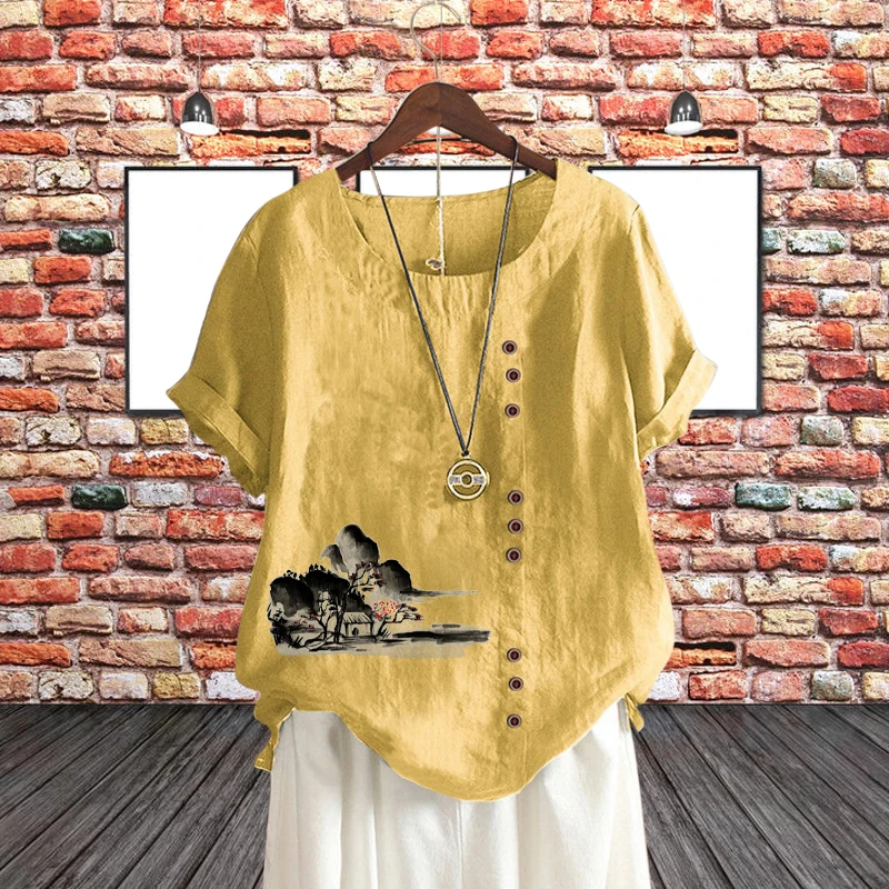 O Neck Short Sleeve Women's Clothing Ink Wash Painting Pullover T Shirt Round Neck Summer Top Loose Linen Pullover for Lady
O Neck Short Sleeve Women's Clothing Ink Wash Painting Pullover T Shirt Round Neck Summer Top Loose Linen Pullover for Lady