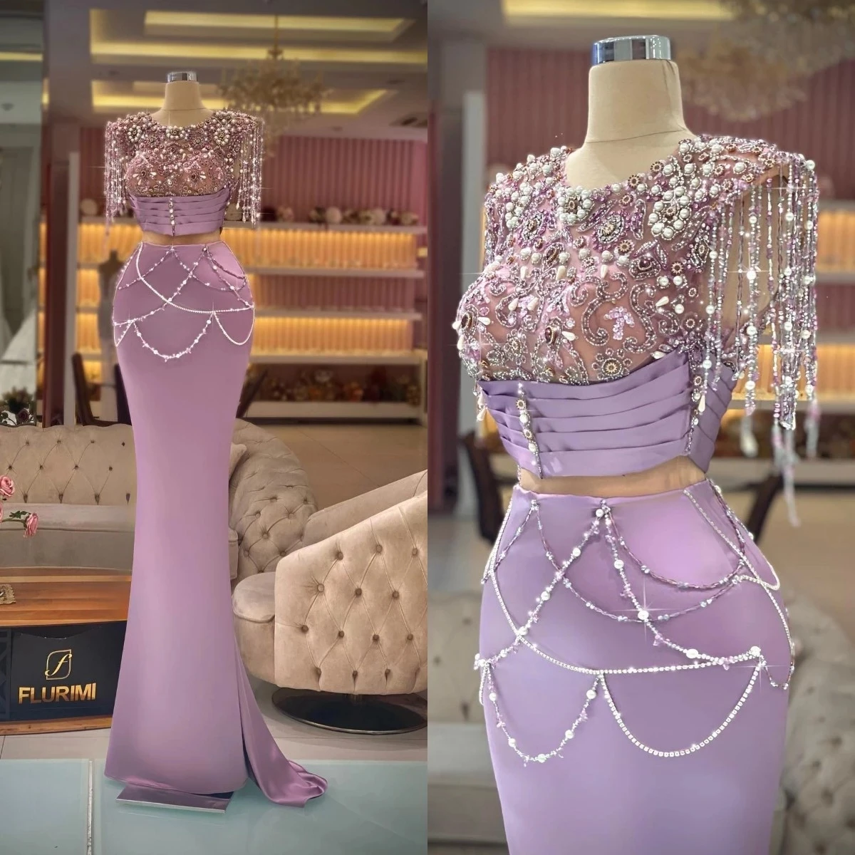 Beading Sequined Crystal Satin Prom Gowns Light Purple Mermaid Evening Dresses Custom Made Sweep Train Tassels Party Dresses
Beading Sequined Crystal Satin Prom Gowns Light Purple Mermaid Evening Dresses Custom Made Sweep Train Tassels Party Dresses