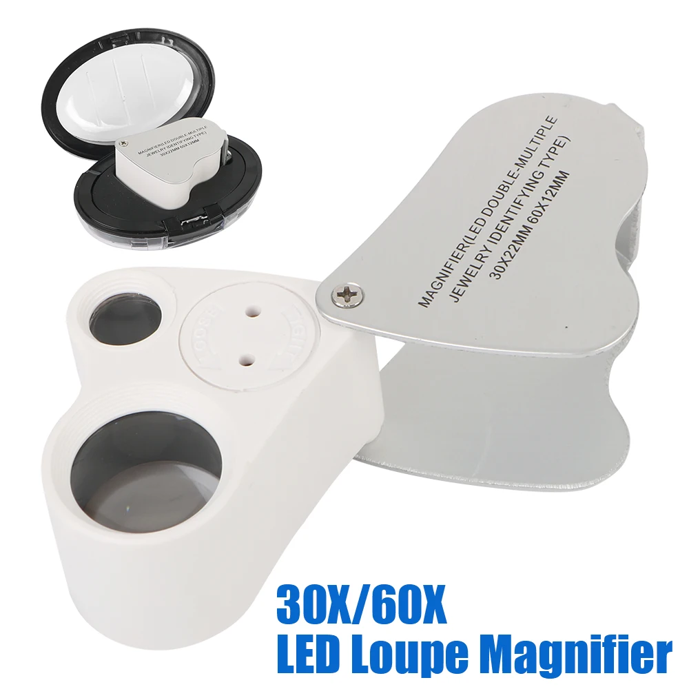 

2 In 1 Jeweler Loupe Magnifier Magnifying Glass 60X 30X Loupe Illuminated Handheld Magnifier Folding With LED Lighting Portable