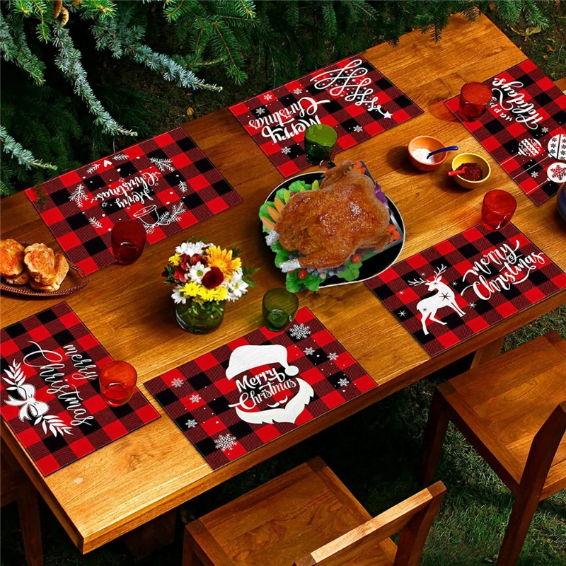 

Christmas Placemat Set Red Plaid Pattern kitchen Placemats Santa Claus Snowflake Tablecloth Decorative Linen Table Mat