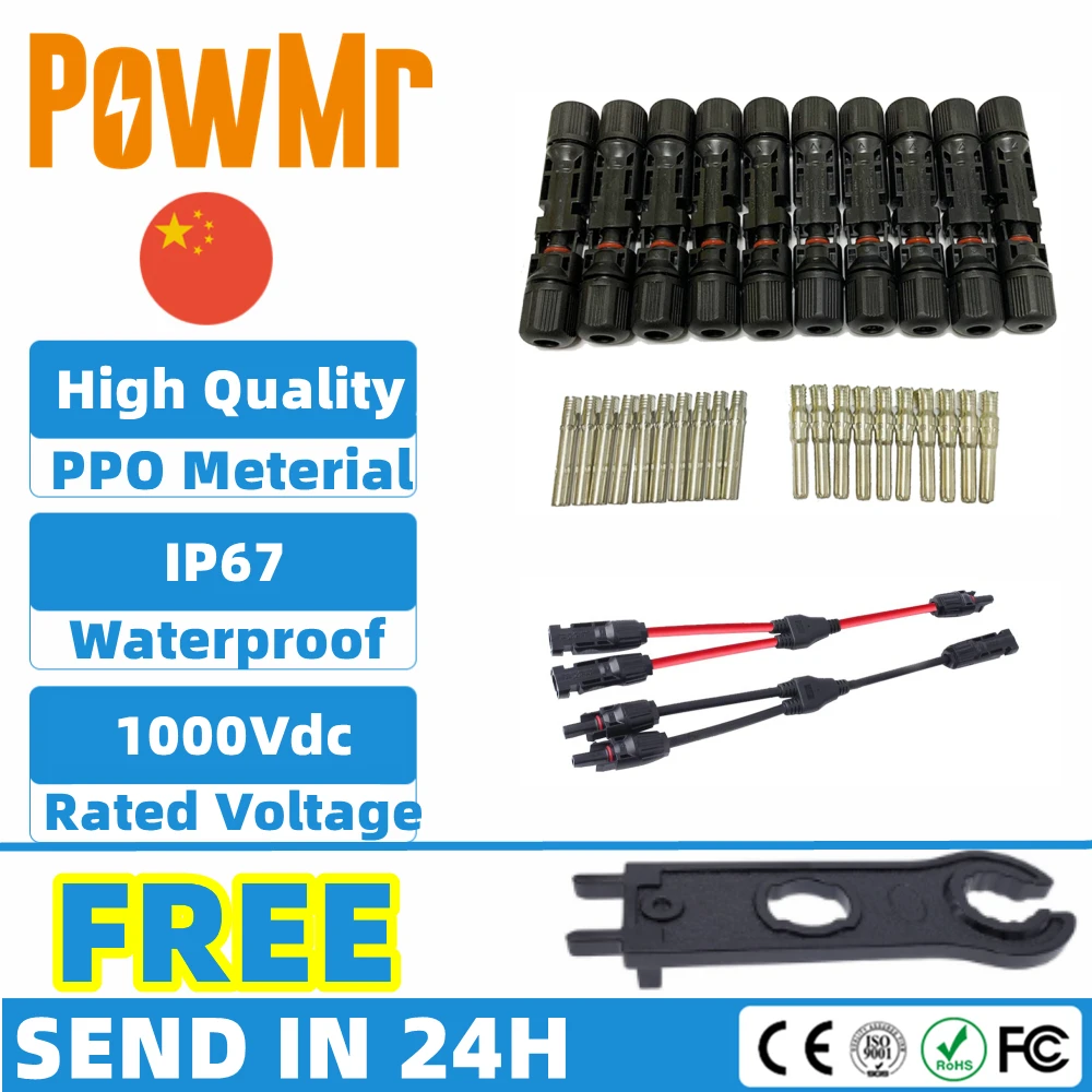 Solar Panel Connectors Male Female Pair Plug Y Branch DC Connector 1000VDC PV Charge Controller Cable Wire With Free Spanner
Solar Panel Connectors Male Female Pair Plug Y Branch DC Connector 1000VDC PV Charge Controller Cable Wire With Free Spanner