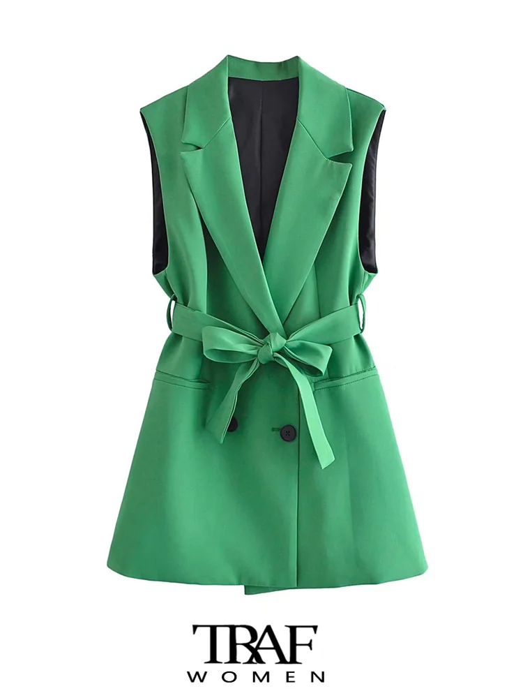 TRAF Women Fashion With Belt Long Double Breasted Green Waistcoat Vintage Sleeveless Welt Pockets Female Outerwear Chic Tops
TRAF Women Fashion With Belt Long Double Breasted Green Waistcoat Vintage Sleeveless Welt Pockets Female Outerwear Chic Tops