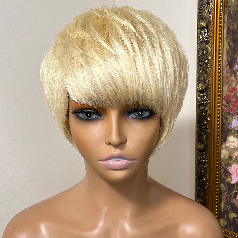 

613 Blonde Pixie Short Cut Bob Wig With Bangs Wave Wavy Human Hair Wig Brazilian Virgin Straight Wig For Women Machine Made Wig