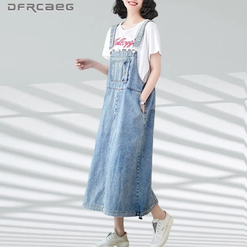 

Light Blue Loose Denim Suspender Skirt For Women 2023 Streetwear Summer Jeans Strap Saias With Pockets Female