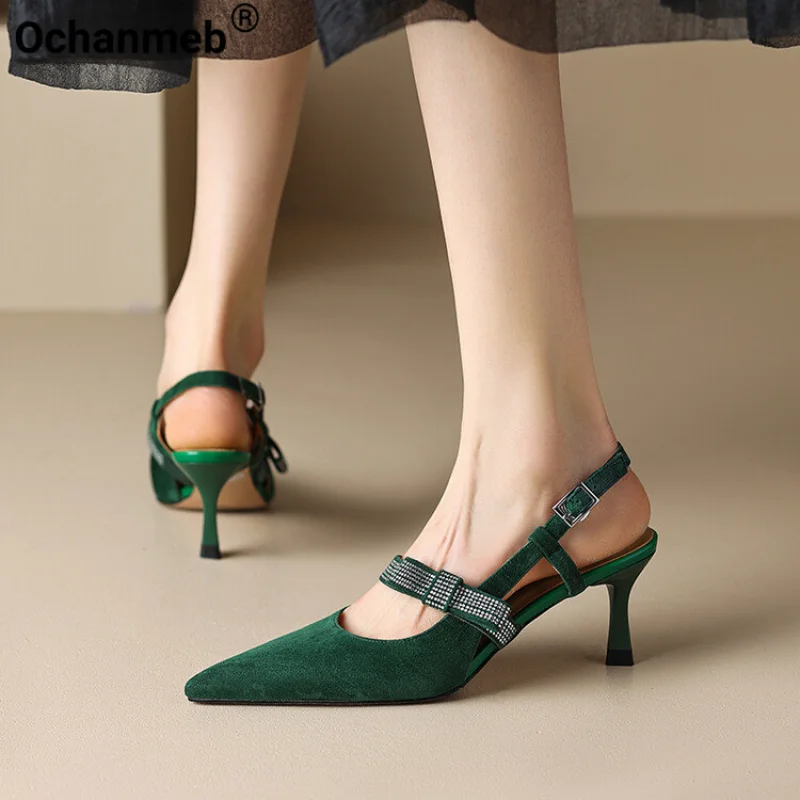 

Брендовые роскошные женские замшевые туфли Ochanmeb из овечьей кожи с ремешком на пятке, туфли-лодочки темно-зеленого цвета с бантиком и кристаллами, туфли-лодочки на тонком высоком каблуке в стиле ретро, Дамское Платье