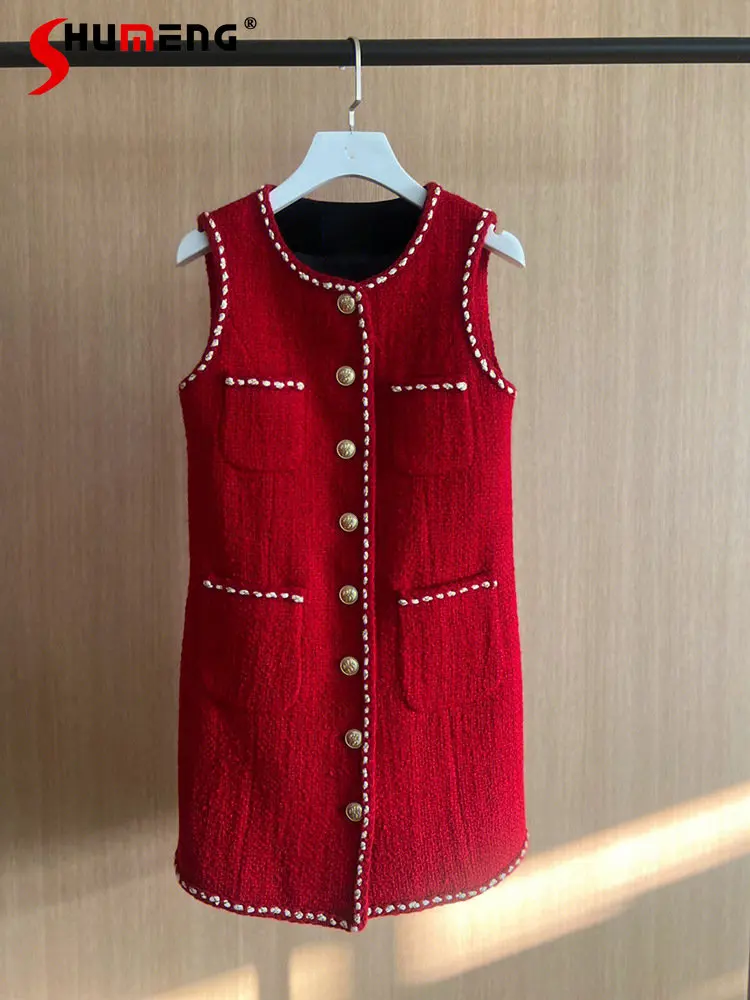Autumn Winter New Fashion Graceful Solid Waist Trimming O-neck Dress Women's Elegant Trendy Red Tweed Sleeveless Pullover Dress
Autumn Winter New Fashion Graceful Solid Waist Trimming O-neck Dress Women's Elegant Trendy Red Tweed Sleeveless Pullover Dress