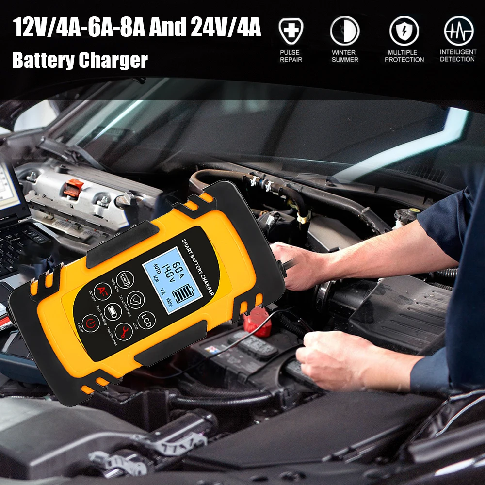 Full Automatic Car Battery Charger 12V/4A-6A-8A And 24V/4A Intelligent Fast Power Charging Wet Dry Lead Acid Digital LCD Display 
Full Automatic Car Battery Charger 12V/4A-6A-8A And 24V/4A Intelligent Fast Power Charging Wet Dry Lead Acid Digital LCD Display