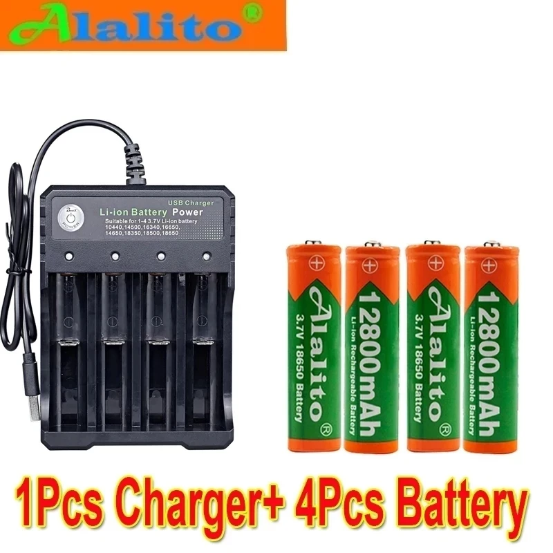 Alalito 3.7V 18650 12800mAh Rechargeable Battery 2/4/8pcs + 4 Slots USB charger |