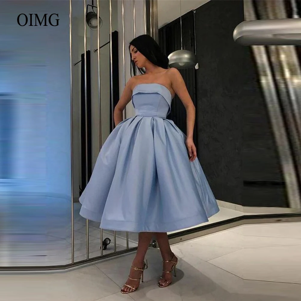 Ball Gown Blue Satin Prom Dresses Strapless Sleeveless Tea Length Graduation Party Dress Short Formal Robe De Soiree
Ball Gown Blue Satin Prom Dresses Strapless Sleeveless Tea Length Graduation Party Dress Short Formal Robe De Soiree