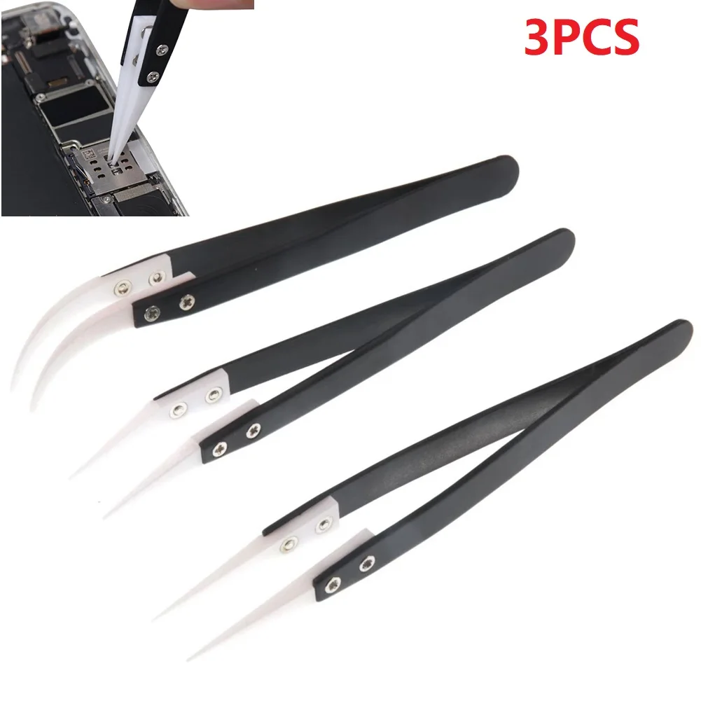 3pcs Non Conductive Ceramic Tweezers Anti-Static Reverse Tweezers Heat Resistant Little Curved Tweezer Big Curved Tweezer
3pcs Non Conductive Ceramic Tweezers Anti-Static Reverse Tweezers Heat Resistant Little Curved Tweezer Big Curved Tweezer