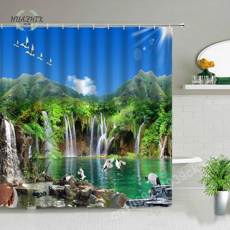 

Natural Scenery Shower Curtain Set Waterfall Spring Landscape Home Bathtub Decor Waterproof Cloth Bathroom Curtains Decoration