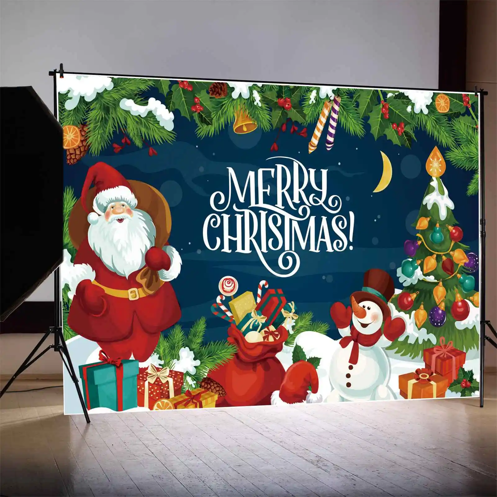 

MOON.QG Backdrop Merry Christmas Father Gift Snowman Kids Party Banner Background Green Tree Blue Wall Sugar Decor Photo Booth