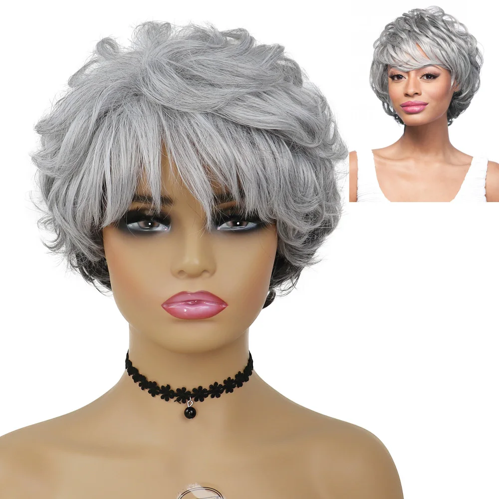 

GNIMEGIL Synthetic Wigs for Women Silver Grey Short Haircut Wig with Bangs Curly Hairstyle Mommy Grandma Cosplay Party Wig Gifts