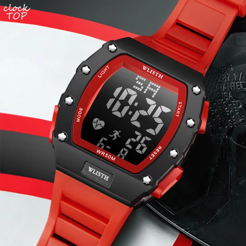 

Tonneau Sport Watch Calendar Date Week Display Luminous Digital Wristwatch Male Red Silicone Waterproof Easy Read Accurate Reloj