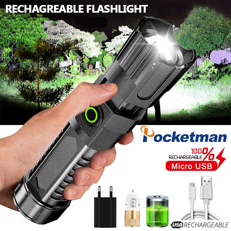 

Most Bright LED Flashlight USB Rechargeable 3 Switch Modes Flashlights Zoomable Torch Waterproof for Outdoor Emergency LED Lamp