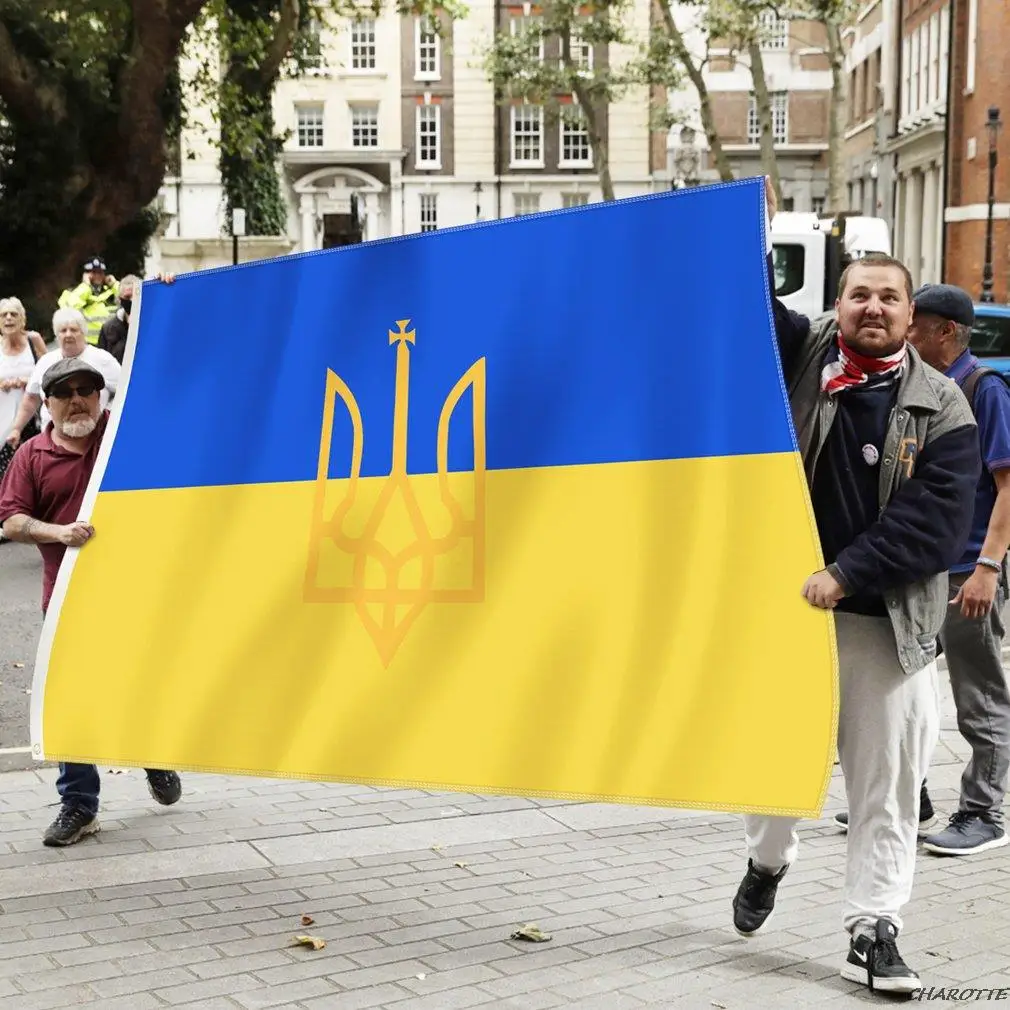 

Ukraine Ukrainian People's Republic Flag With Coat of Arms 100D Polyester Custom Brass Grommets National Printed Flags