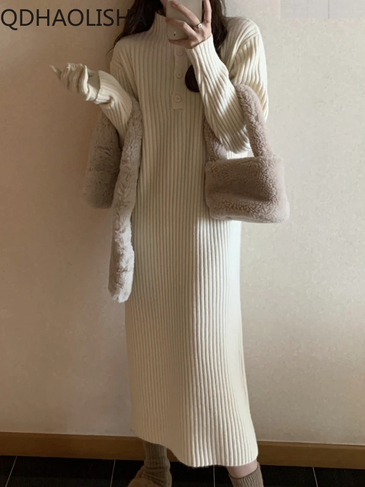 

Женское трикотажное платье-свитер, свободное трикотажное платье-свитер с воротником-стойкой и длинными рукавами, Корейская версия, Осень-зима 2023