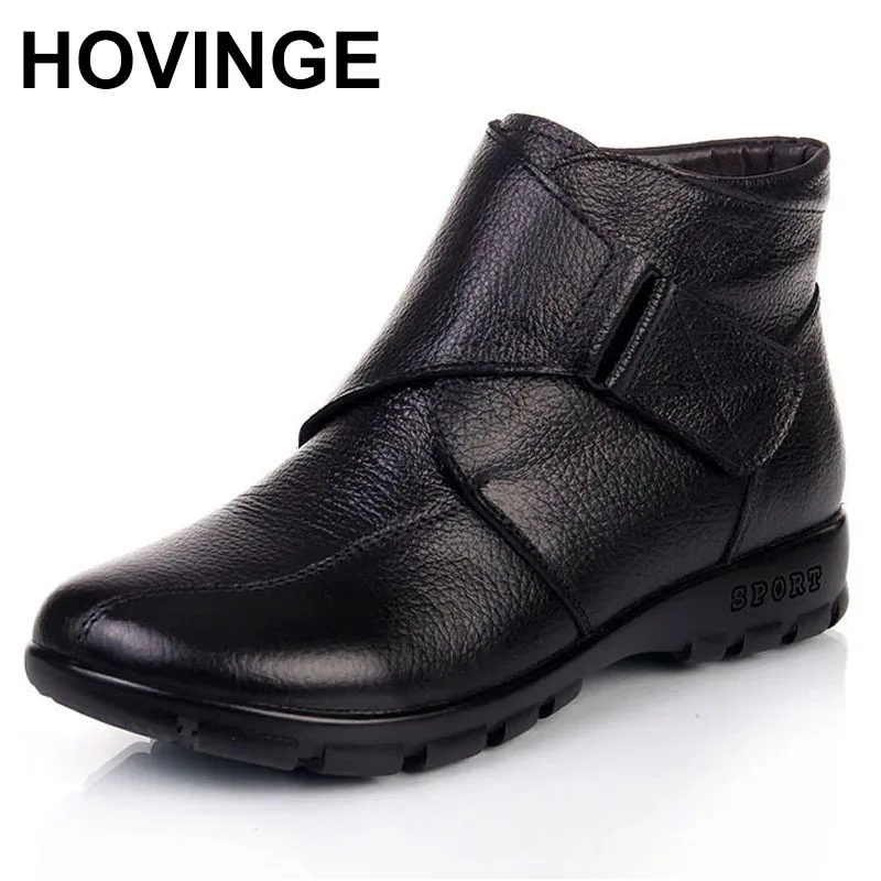 

HOVINGE Autumn Boots Women Boots Winter Ankle Genuine Leather Ladies Hook-Loop Flat Boot Mommy Retro Anti-Slippery Winter Shoes
