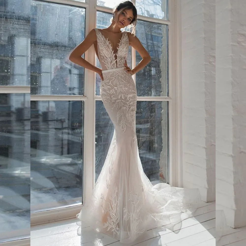 Sexy Deep V-Neck Mermaid Wedding Dress Sleeveless Lace Applique Open Back Bridal Gown Tulle Court Train Luxury Vestidos De Novia
Sexy Deep V-Neck Mermaid Wedding Dress Sleeveless Lace Applique Open Back Bridal Gown Tulle Court Train Luxury Vestidos De Novia