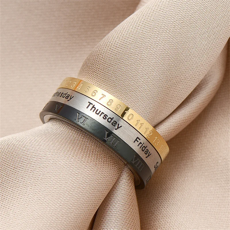 

Men's Anxiety Rotatable Calendar Finger Ring Time Week Date Mood Numerals Fashion Black Spinner Rings For Men Treatment Fidget