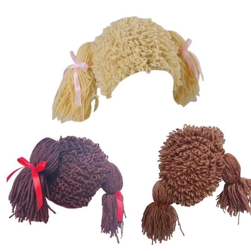 

Q39C Kid Pigtail Wig Hair Pigtail Curly Wig Handmade Woolen Yarn Braid Wig Hat Crochet Wig Girl Photography Props