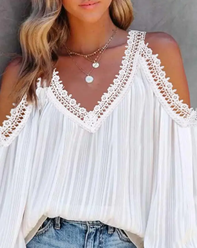 Women's Elegant Blouse Y2K 2023 Contrast Lace Cold Shoulder Lantern Sleeve Top Autumn V Neck Casual Loose Blouses Top
Women's Elegant Blouse Y2K 2023 Contrast Lace Cold Shoulder Lantern Sleeve Top Autumn V Neck Casual Loose Blouses Top