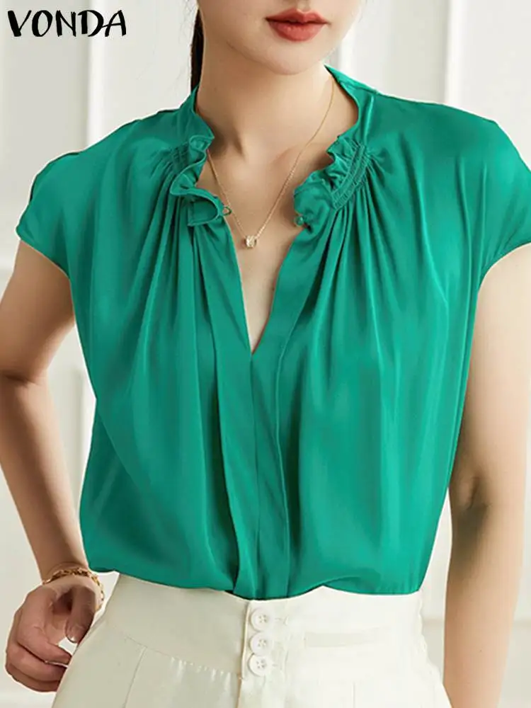 Elegant Blouses 2023 VONDA Women Summer Casual Solid Color Shirts Tunic Tops Sexy V-Neck Short Sleeve Pleated Loose Blusas Femme
Elegant Blouses 2023 VONDA Women Summer Casual Solid Color Shirts Tunic Tops Sexy V-Neck Short Sleeve Pleated Loose Blusas Femme