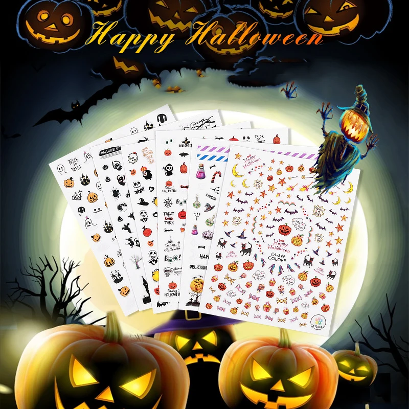 

Evil Pumpkin Nail Water Decals Halloween Nail Art Stickers Ghost Bat Spider Web Anime Sliders Manicure Decorations Nails Tools