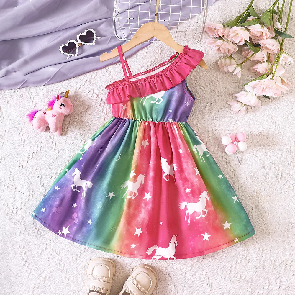 

Girls Inclined Shoulder Strap Dress Unicorn Star Princess Dresses Rtoddler Girl Ruffled Collar Cartoon Costume Baby Kid Vestidos