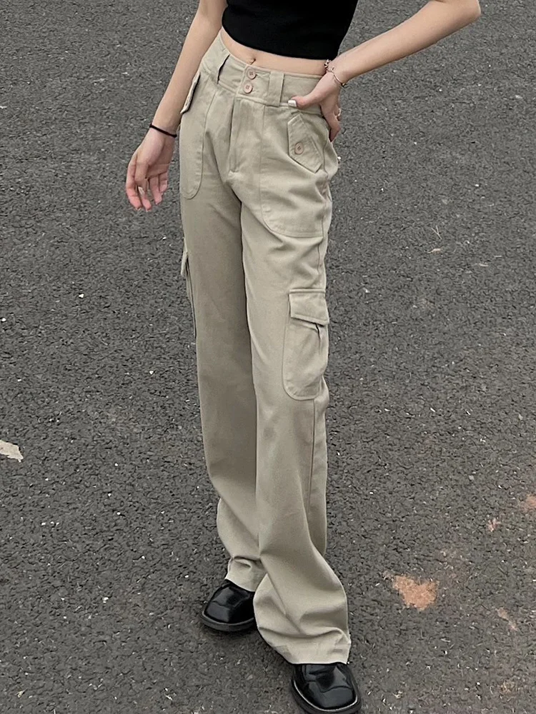 Женские рабочие брюки в японском уличном стиле, Новинка лета 2023, прямые и свободные брюки с завышенной талией, полноразмерные брюки цвета хаки 
Женские рабочие брюки в японском уличном стиле, Новинка лета 2023, прямые и свободные брюки с завышенной талией, полноразмерные брюки цвета хаки