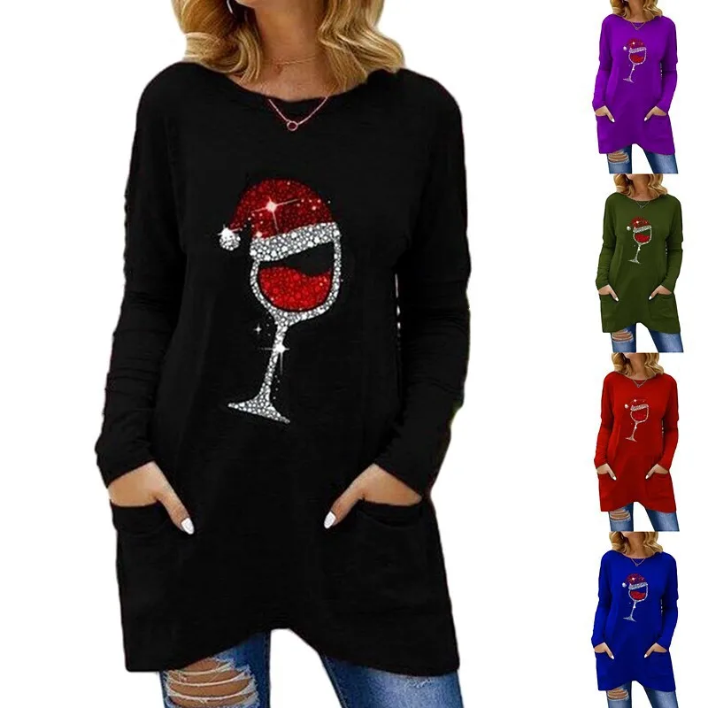Autumn and Winter Womens Dresses Christmas Wine Glass Round Neck Long Sleeve Pocket Top T-shirt Woman
Autumn and Winter Womens Dresses Christmas Wine Glass Round Neck Long Sleeve Pocket Top T-shirt Woman