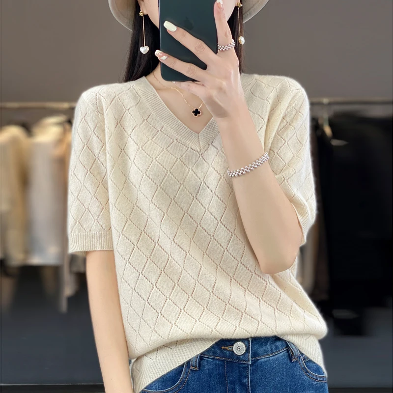 Spring 100% Wool Sweater Women V-neck Short Sleeve Top Argyle Knit Korean Style Casual Hollow Out New In Pullover Mujer Knitwear
Spring 100% Wool Sweater Women V-neck Short Sleeve Top Argyle Knit Korean Style Casual Hollow Out New In Pullover Mujer Knitwear