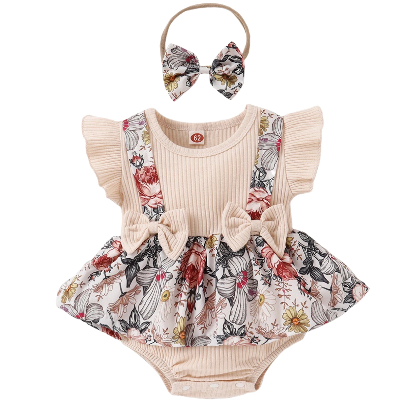 Baby Girls Romper Outfit, Sweet Style Floral Printing Skirt Splicing Round Collar Fly Sleeve Jumpsuit + Bow Headwear Set
Baby Girls Romper Outfit, Sweet Style Floral Printing Skirt Splicing Round Collar Fly Sleeve Jumpsuit + Bow Headwear Set