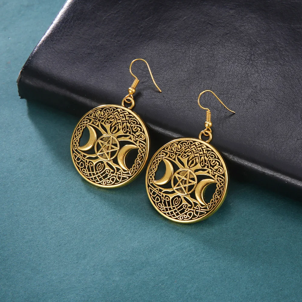 

Dawapara Vintage Norse Myth Tree of Life Yggdrasil Triple Moon Goddess Pentacle Pendant Earrings Pentagram Pagan Magic Amulet