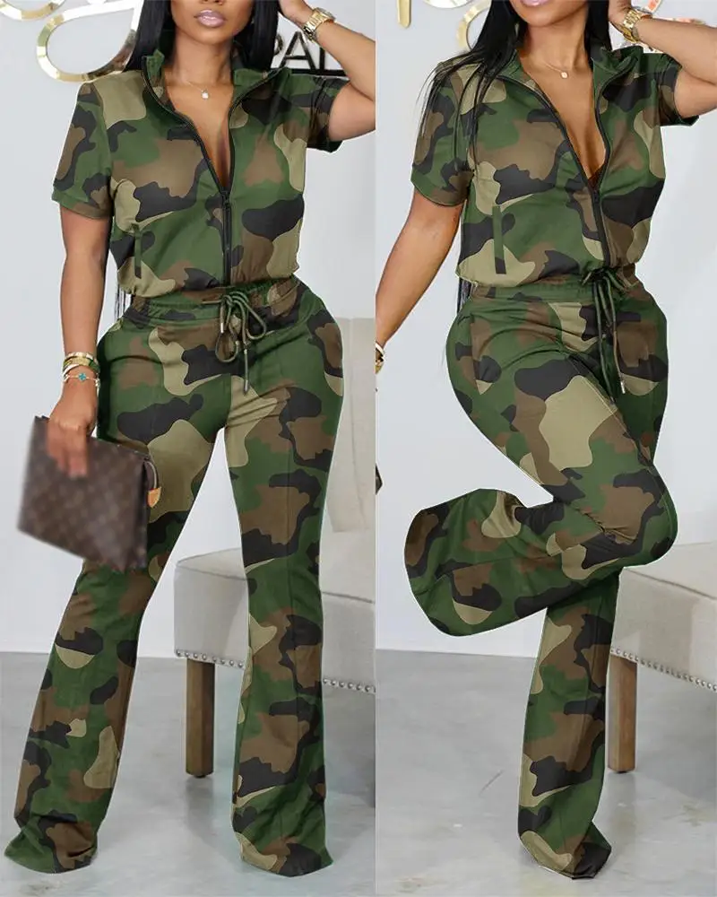 Camouflage Print Zip Up Top & Drawstring Pants Set Women 2pcs Clothes Suit Spring Summer Short Sleeve Tops High Waist Pants
Camouflage Print Zip Up Top & Drawstring Pants Set Women 2pcs Clothes Suit Spring Summer Short Sleeve Tops High Waist Pants