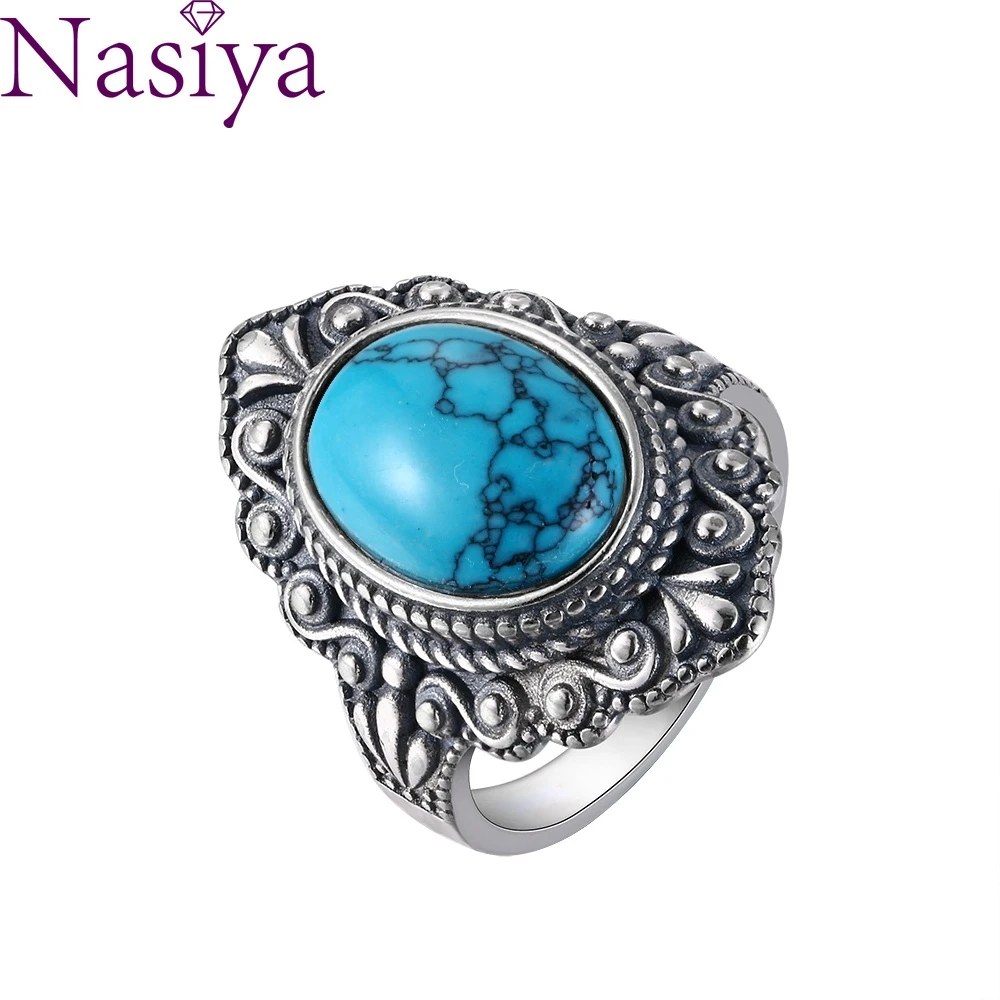 

Nasiya Vintage Oval Natural Turquoise Rings For Women Silver Color Ring Jewelry Finger Ring Gemstone Rings Party Gift