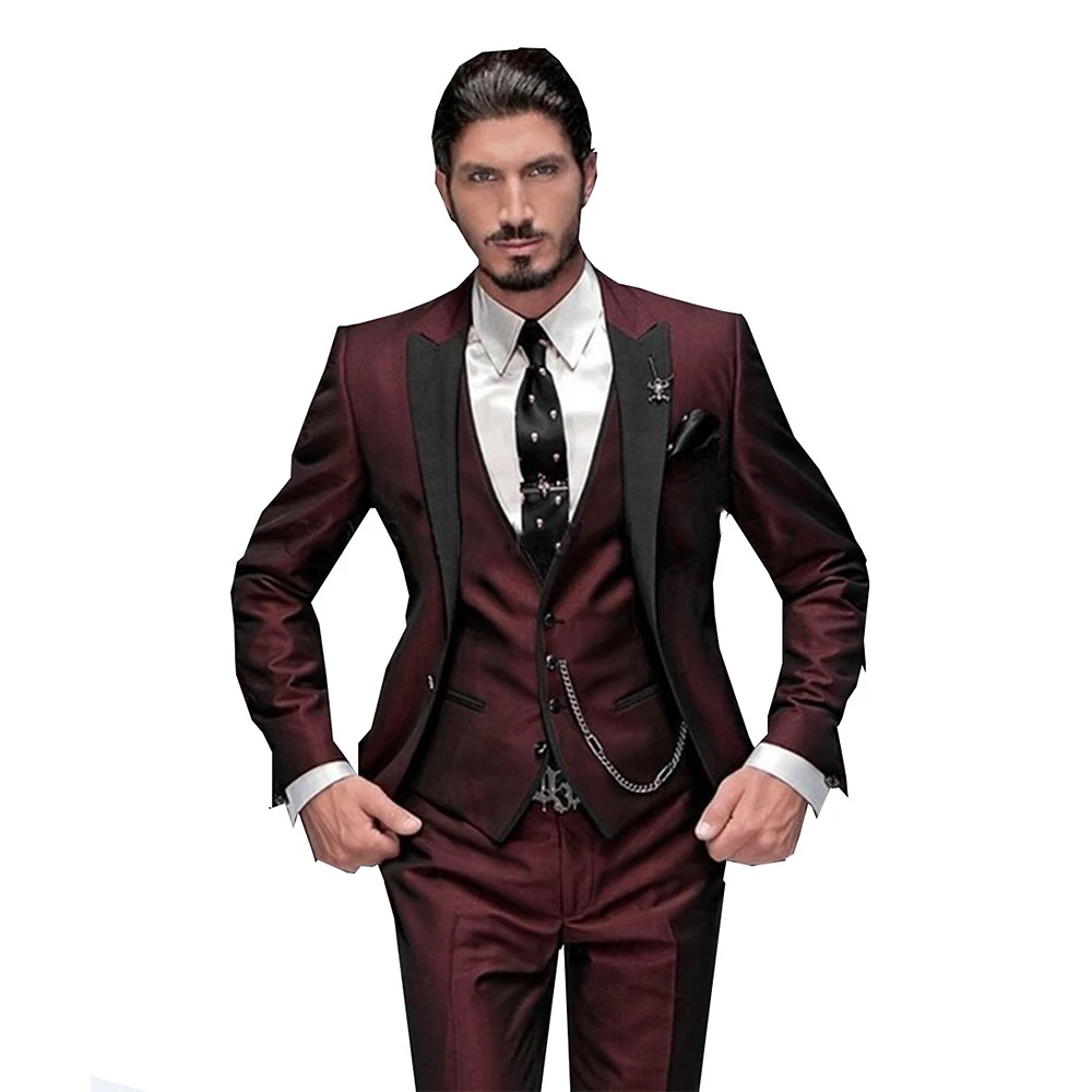 

2023 Men's Suit Slim Fit 3 Pieces Burgundy Tuxedos Gentle-Mens Wedding Suits Notch lapel Groom Tuxedo Terno(Jacket+Pants+Vest)