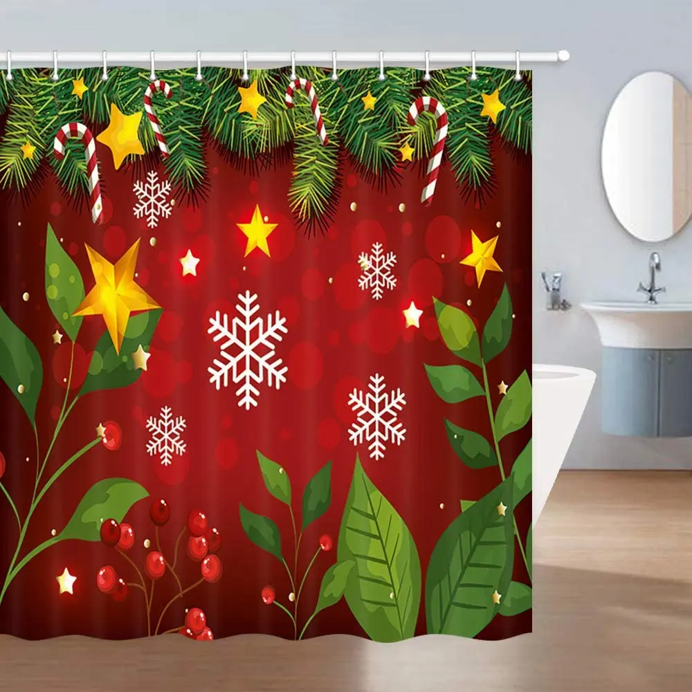

Merry Christmas Shower Curtain Fir Pine Branches Red Berry Background Snowflake Polyester Fabric Bath Curtains Set with Hooks