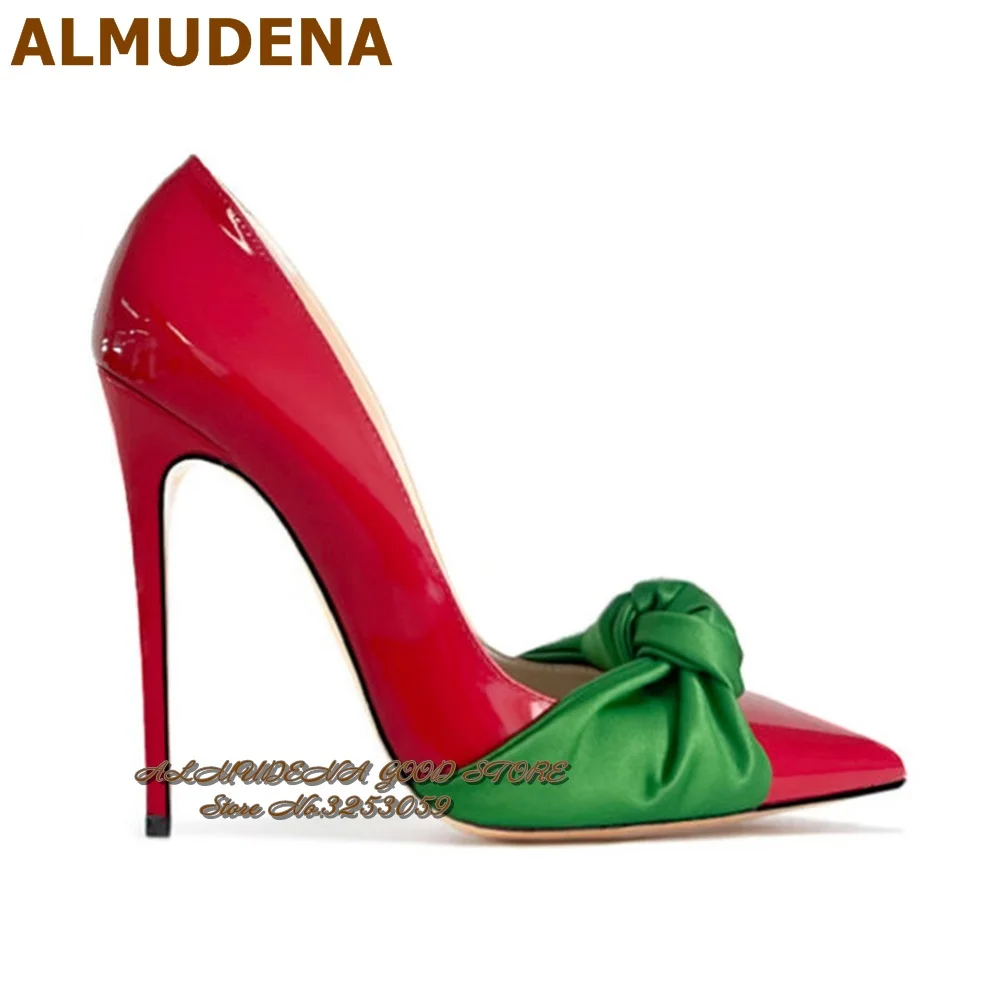 

ALMUDENA Red Patent Leather Green Butterfly-knot Wedding Shoes 12cm 10cm 8cm Stiletto Heel Pointed Toe Bowtie Embellished Pumps