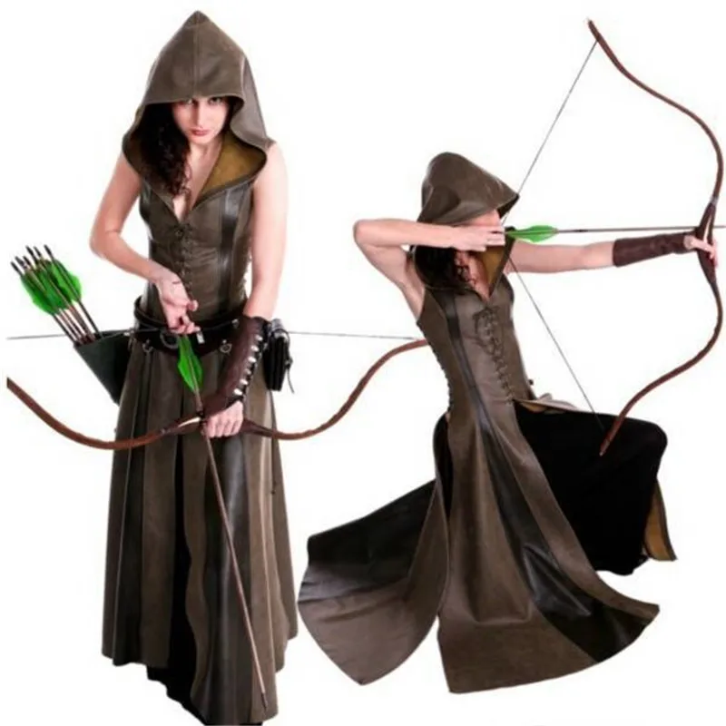 

Medieval Cosplay Larp Archer Ranger Elf Costume for Women Assassin Robin Halloween Cosplay Dress Leather Hooded Robe Maxi Cloak