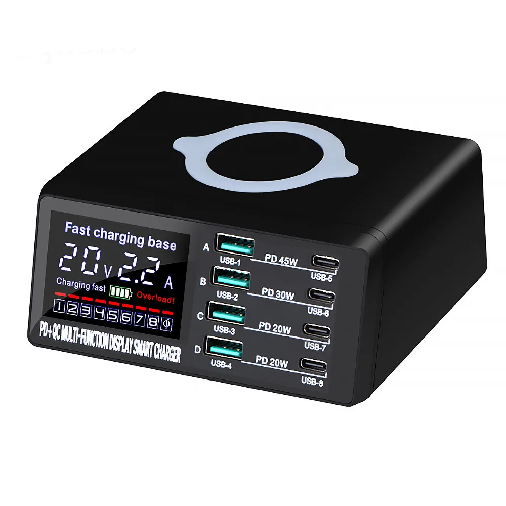 Беспроводное зарядное устройство USB 100 Вт, док-станция 18 Вт PD QC3.0, быстрое зарядное устройство, умный светодиодный дисплей, 8 портов USB
Беспроводное зарядное устройство USB 100 Вт, док-станция 18 Вт PD QC3.0, быстрое зарядное устройство, умный светодиодный дисплей, 8 портов USB