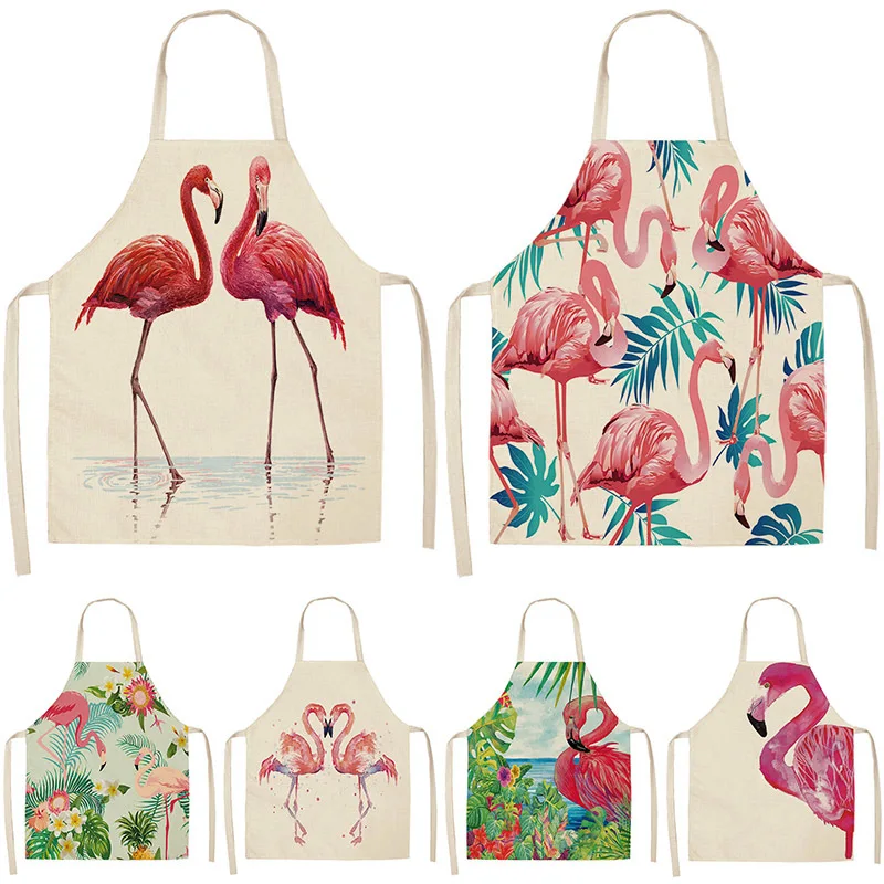 

Flamingo Leaf Pink Pattern Linen Apron Home Cooking Baking Coffee Shop Cleaning Apron Kitchen Accessories