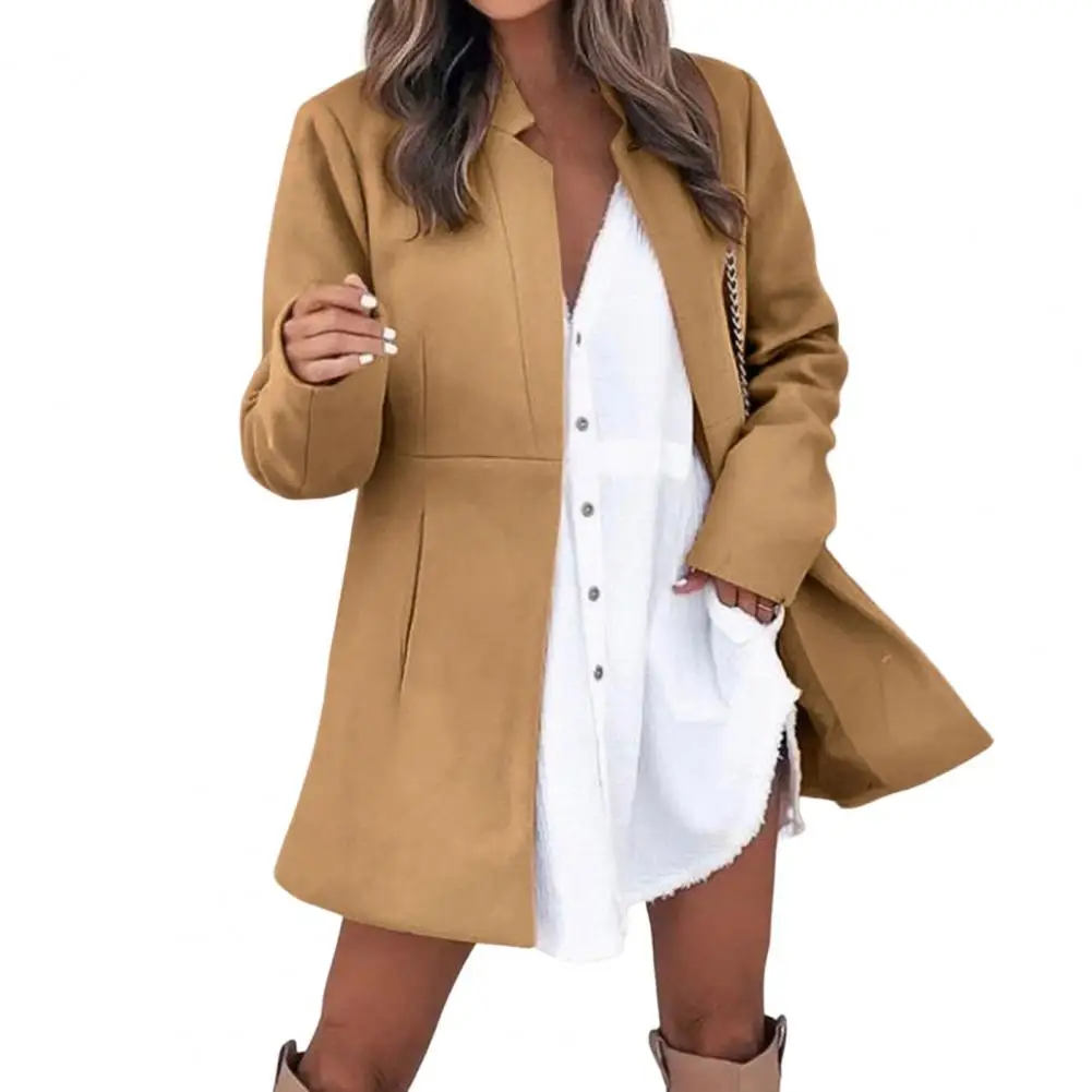 Women Coat Cardigan Solid Color Midi Length Notch Collar OL Jacket Style Loose Long Sleeves Stand Collar Lady Coat for Dating
Women Coat Cardigan Solid Color Midi Length Notch Collar OL Jacket Style Loose Long Sleeves Stand Collar Lady Coat for Dating