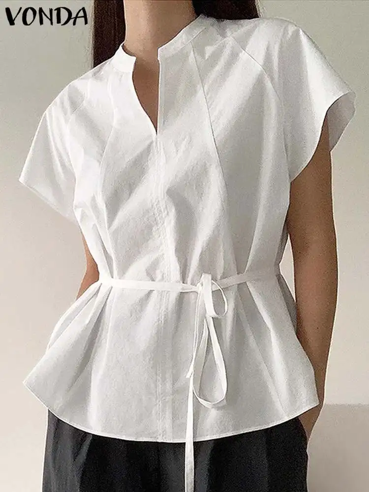 

Women Fashion Shirts VONDA Elegant Blouse OL Short Sleeve Bandage V-neck Casual Solid Tunic Top 2023 Summer Blusas Femininas